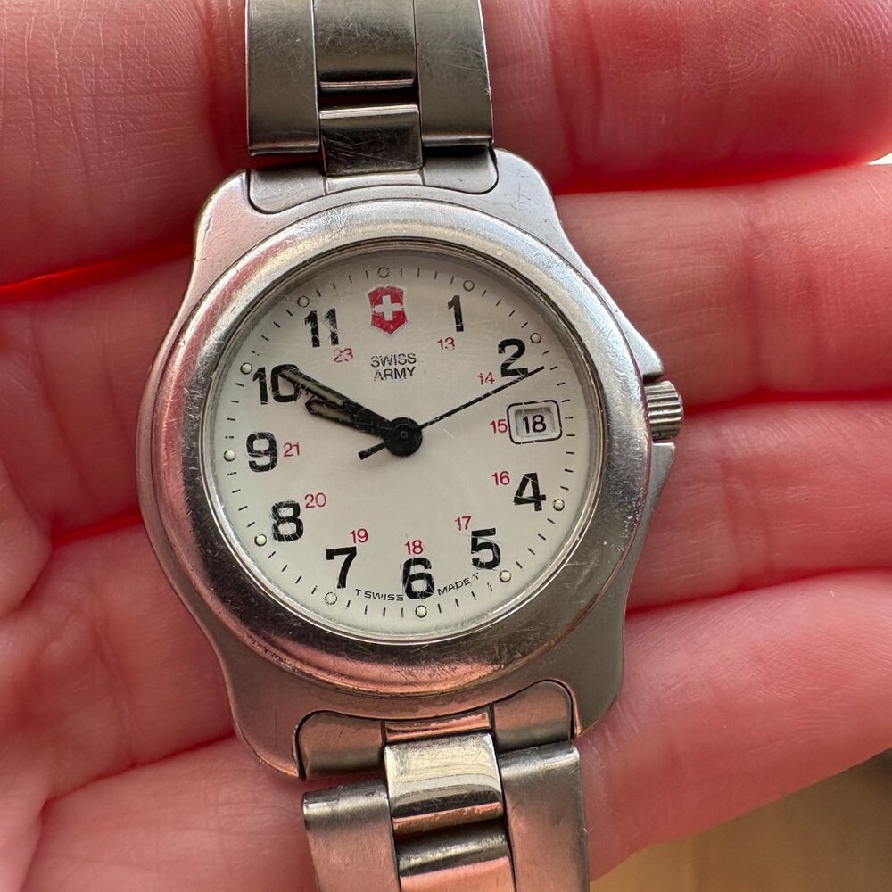 Vintage Victorinox Swiss Army Women's Officers Silver Tone Date Watch
